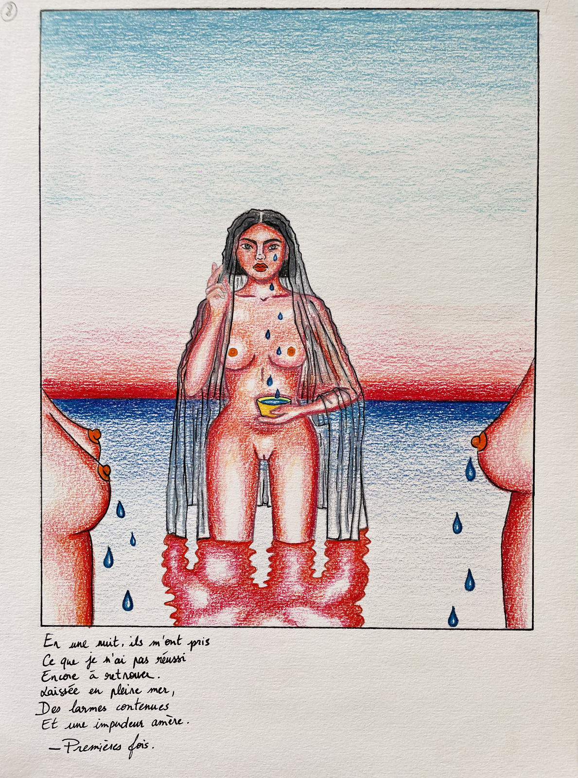 Sophie-Yen Bretez, Dessin: « In one night they took from me What I have not yet Managed to find again. Left in the open sea, Holding back my tears With a bitter shamelessness. - First times. », 2022