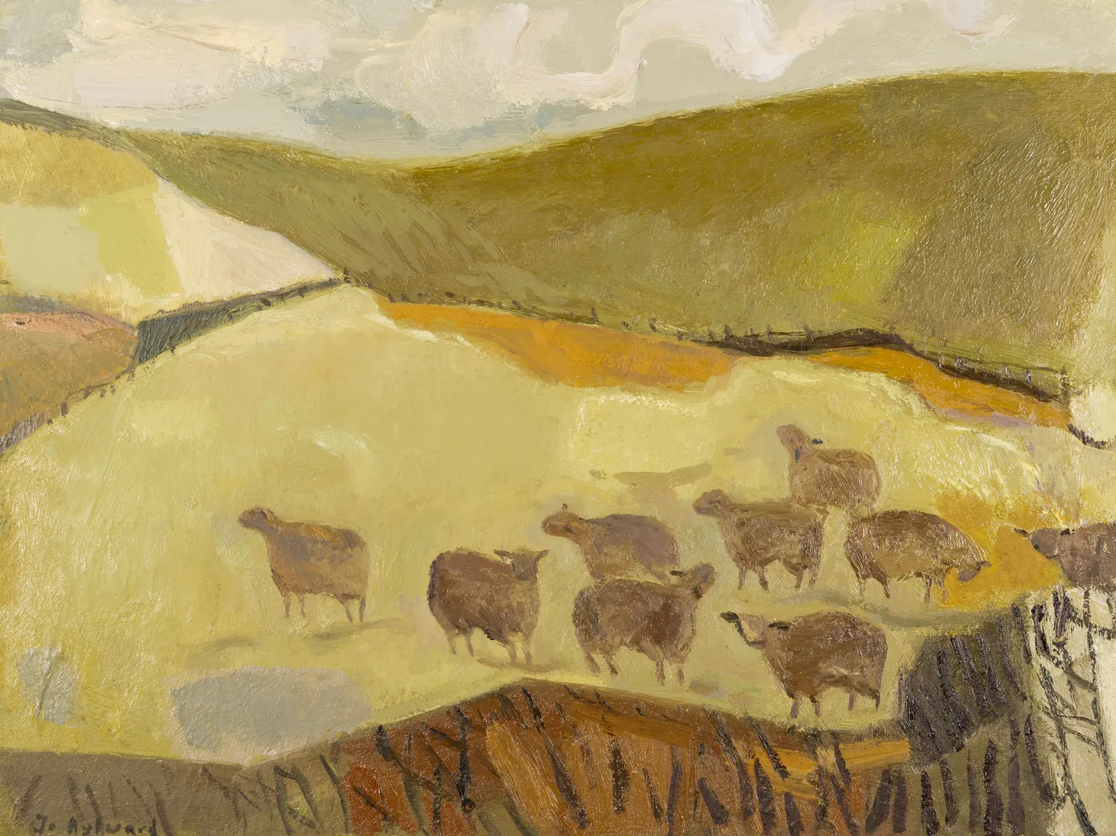 Jo Aylward, Sheep Huddled by a Winter Hedge, 2024
