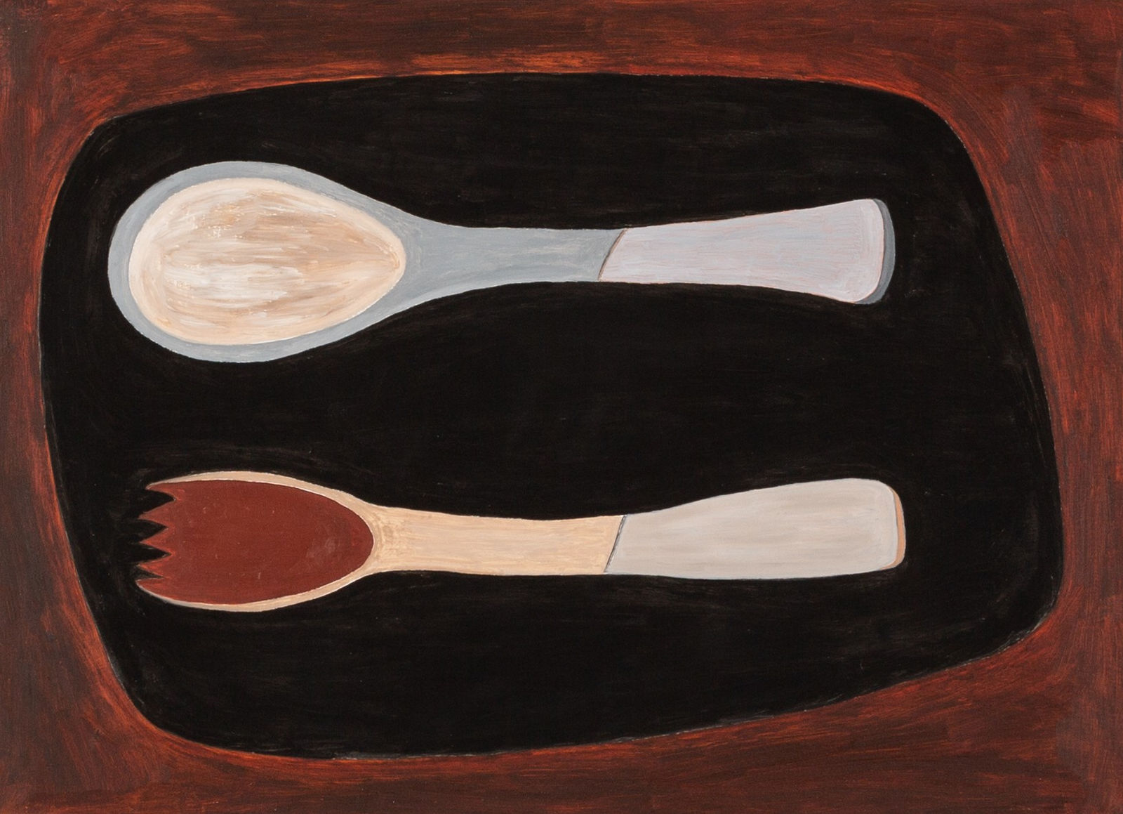 Rachel Nicholson, Spoon and Fork on Red and Black, 1978