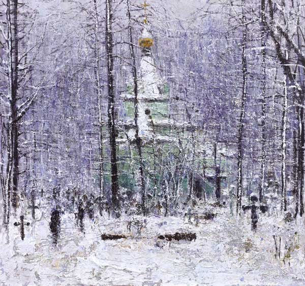 Andrew Gifford, Chapel of St Xenia through the trees in heavy snow, St Petersburg study, 2019