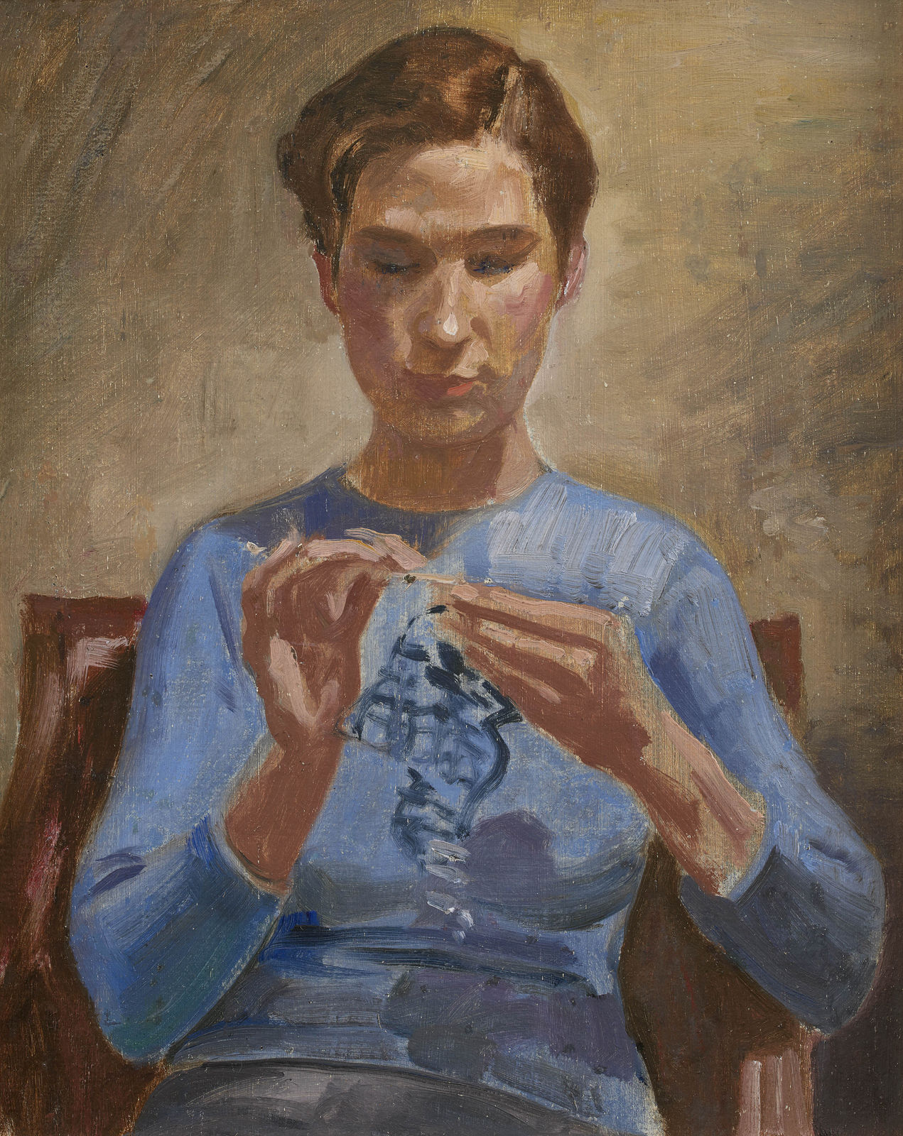Alberto Morrocco, Vera Crocheting, c.1950