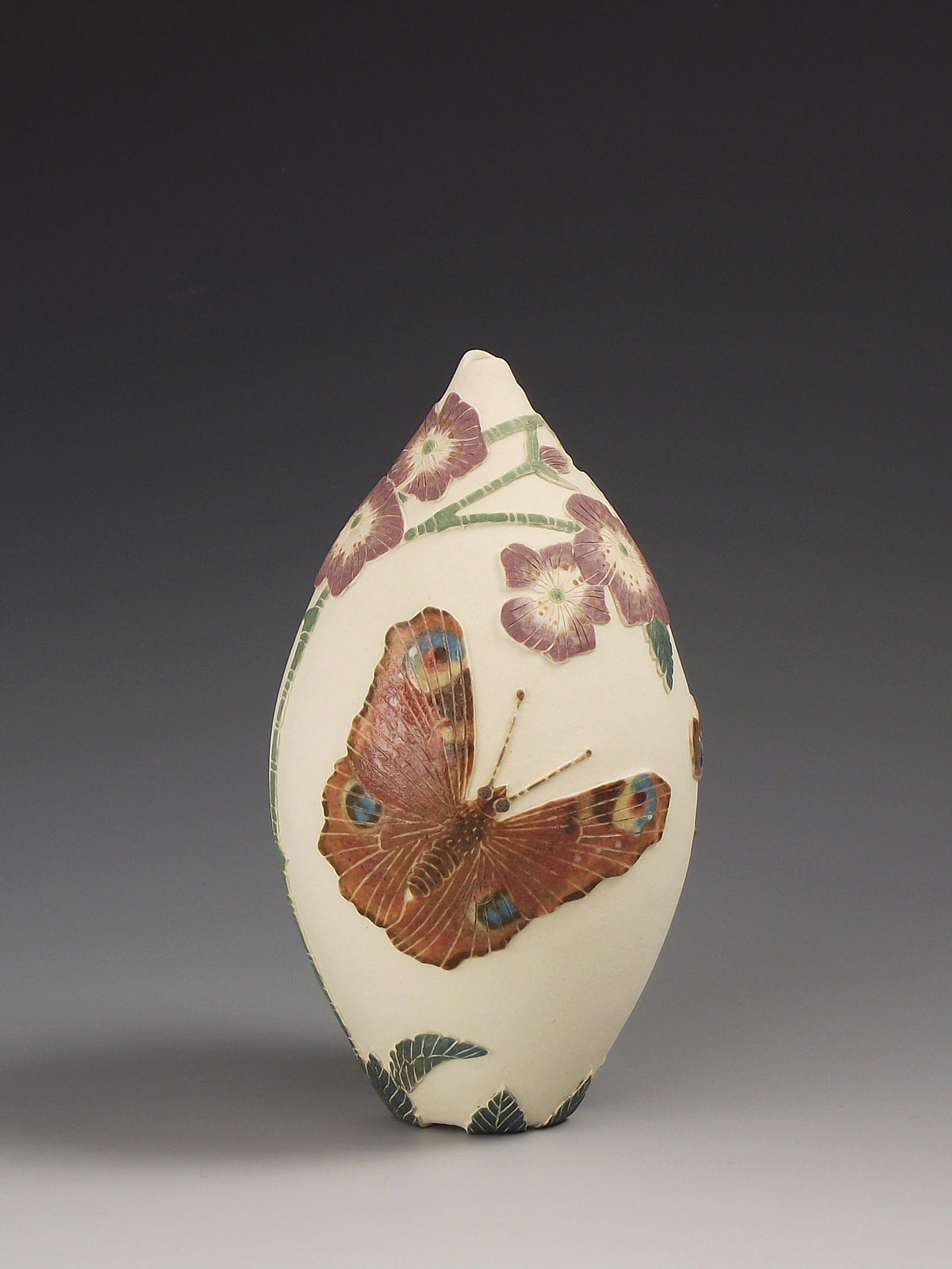 Tiffany Scull, Peacock butterflies & dog rose vessel