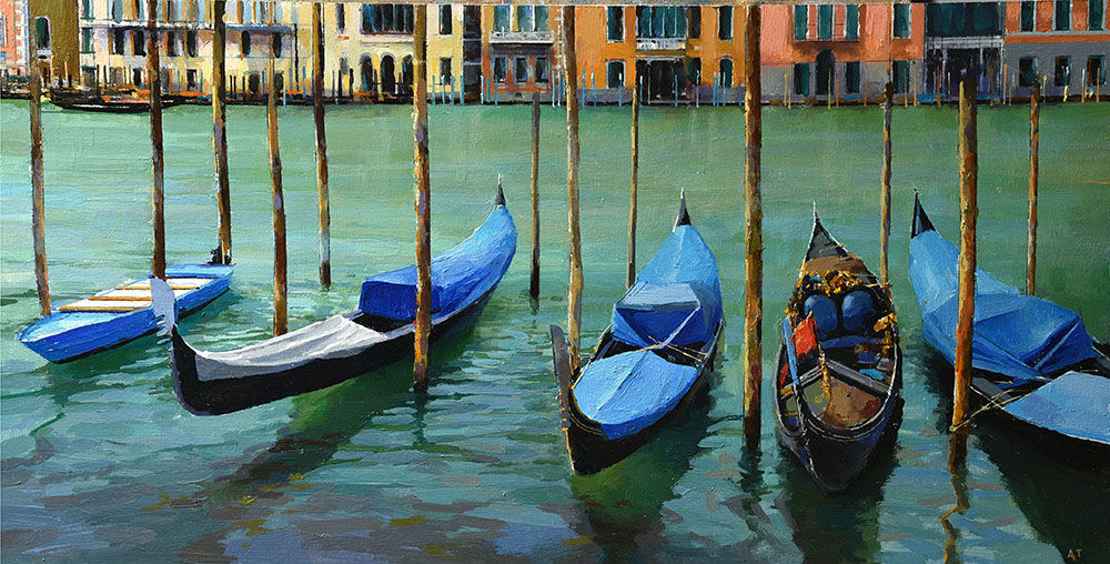 Alan Thompson, Blue gondolas on the Grand Canal Venice SOLD