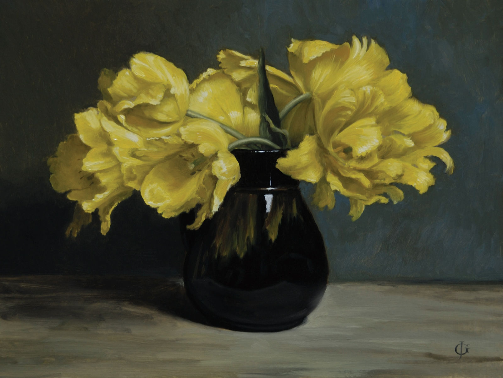 James Gillick, Yellow Parrot Tulips in a Black Jug, 2010