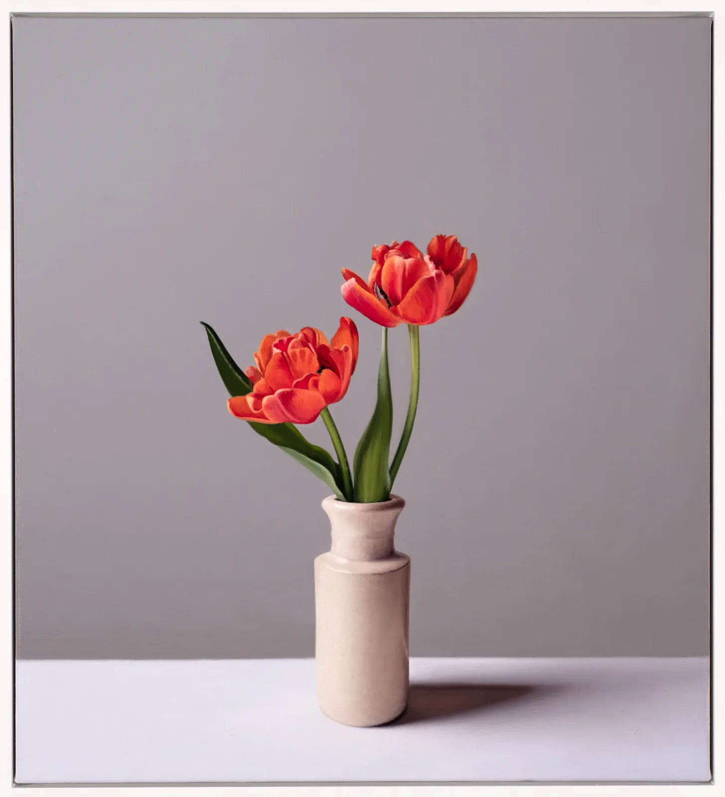 Jo Barrett, Still Life with Orange Tulips and Stoneware Bottle
