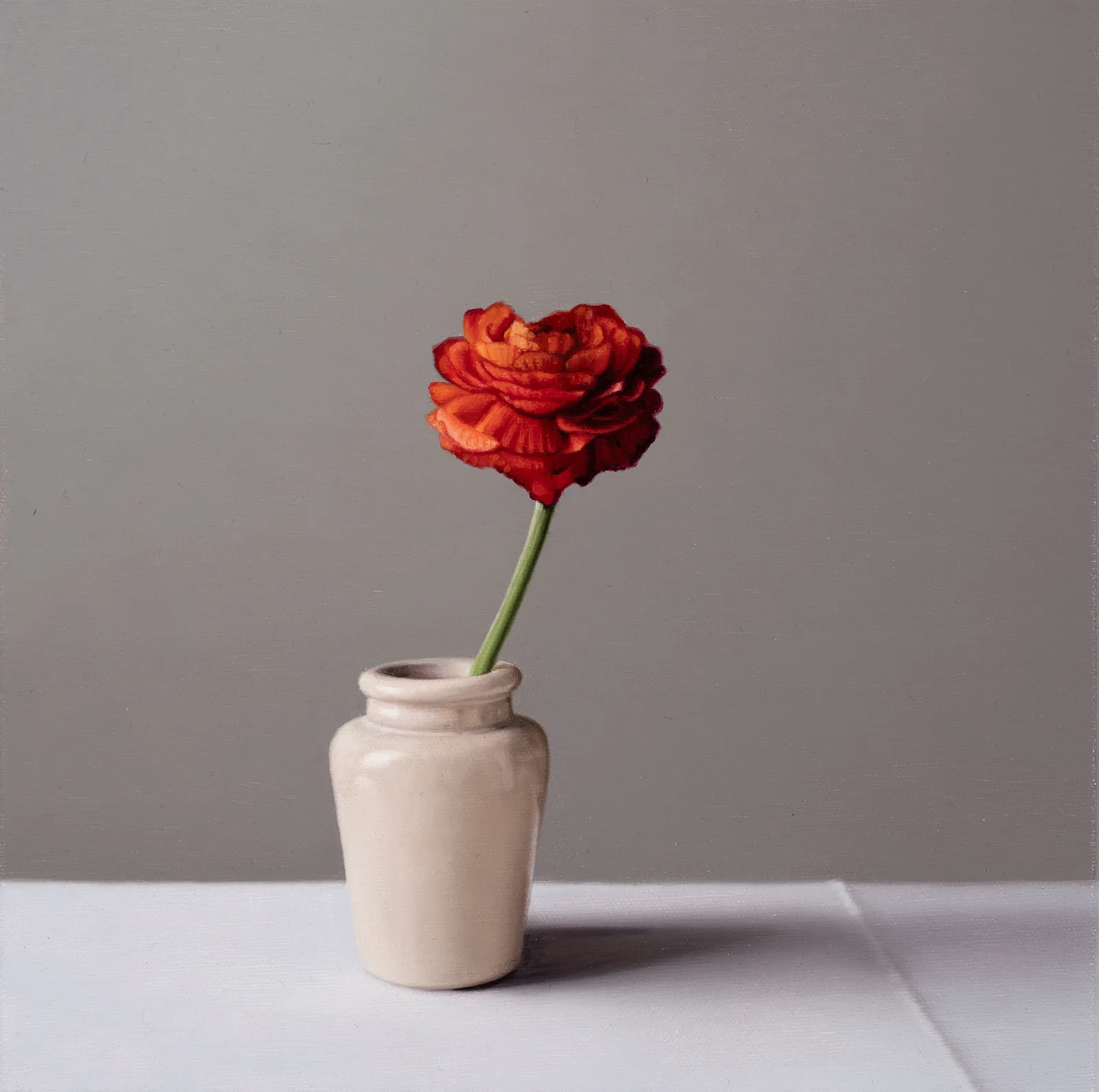 Jo Barrett, Still Life with Orange Ranunculus and Stoneware Jar