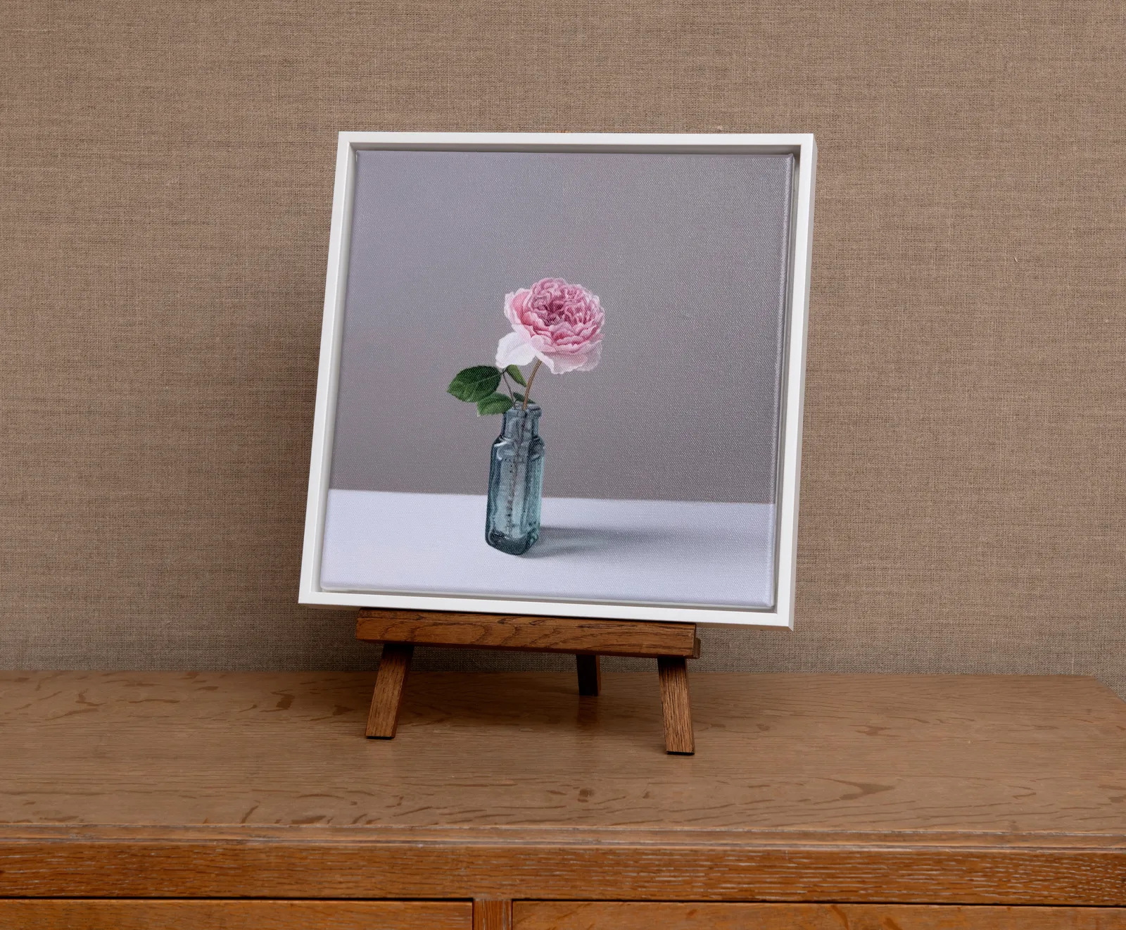Jo Barrett, Still Life with Pink Rose and Glass Bottle