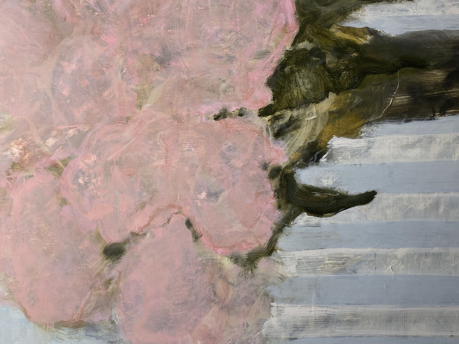 David Konigsberg, Pinks on a Blue Striped Cloth, 2021