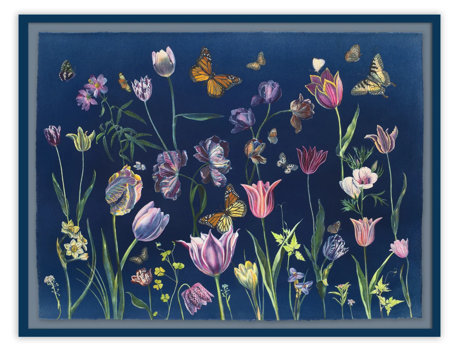 Julia Whitney Barnes, Cyanotype Painting (Tulips, Daffodils, Crocus, Pollinators, etc.), 2021