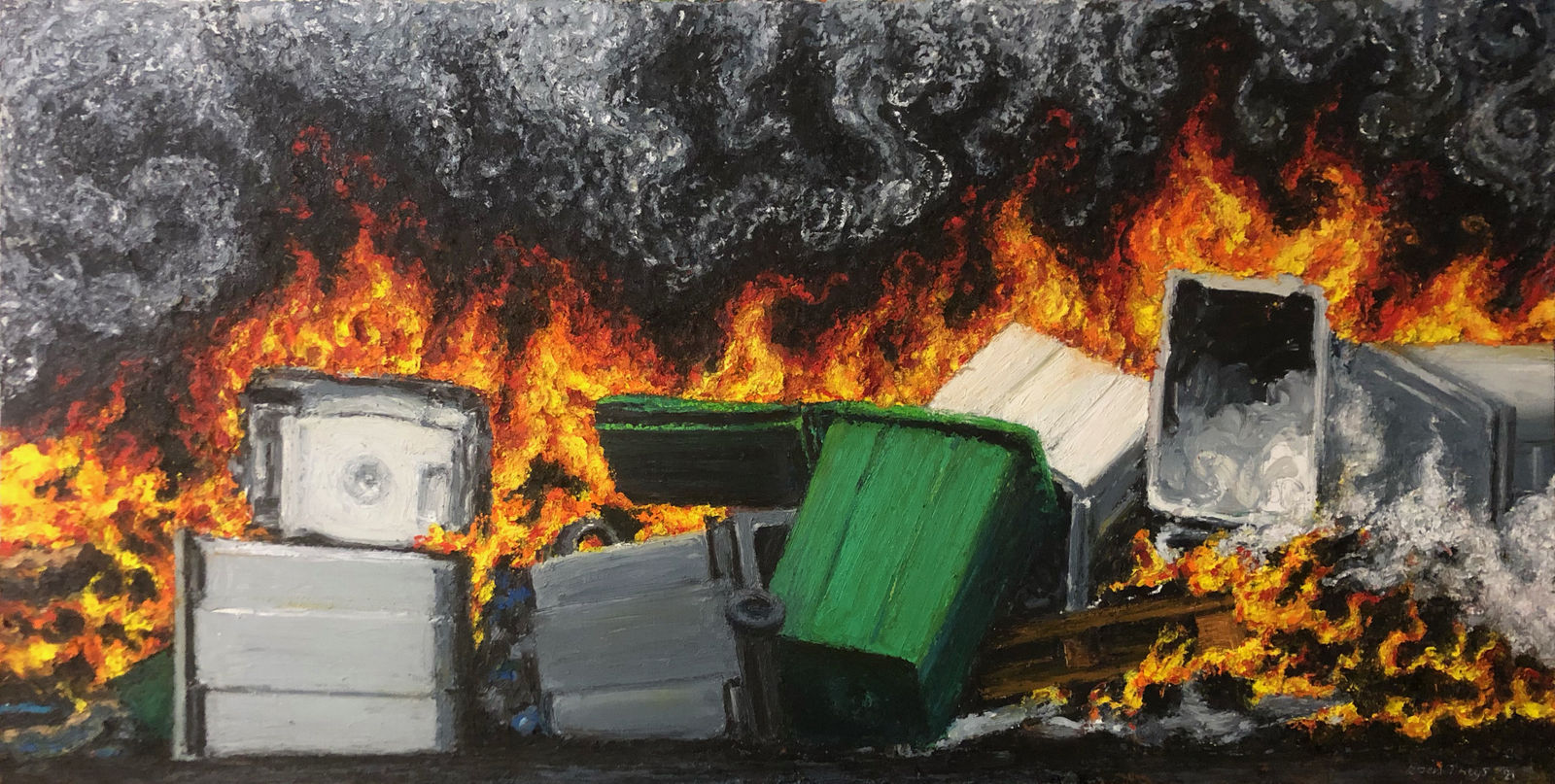 Koen Theys, Burning Garbage Bins, 2021