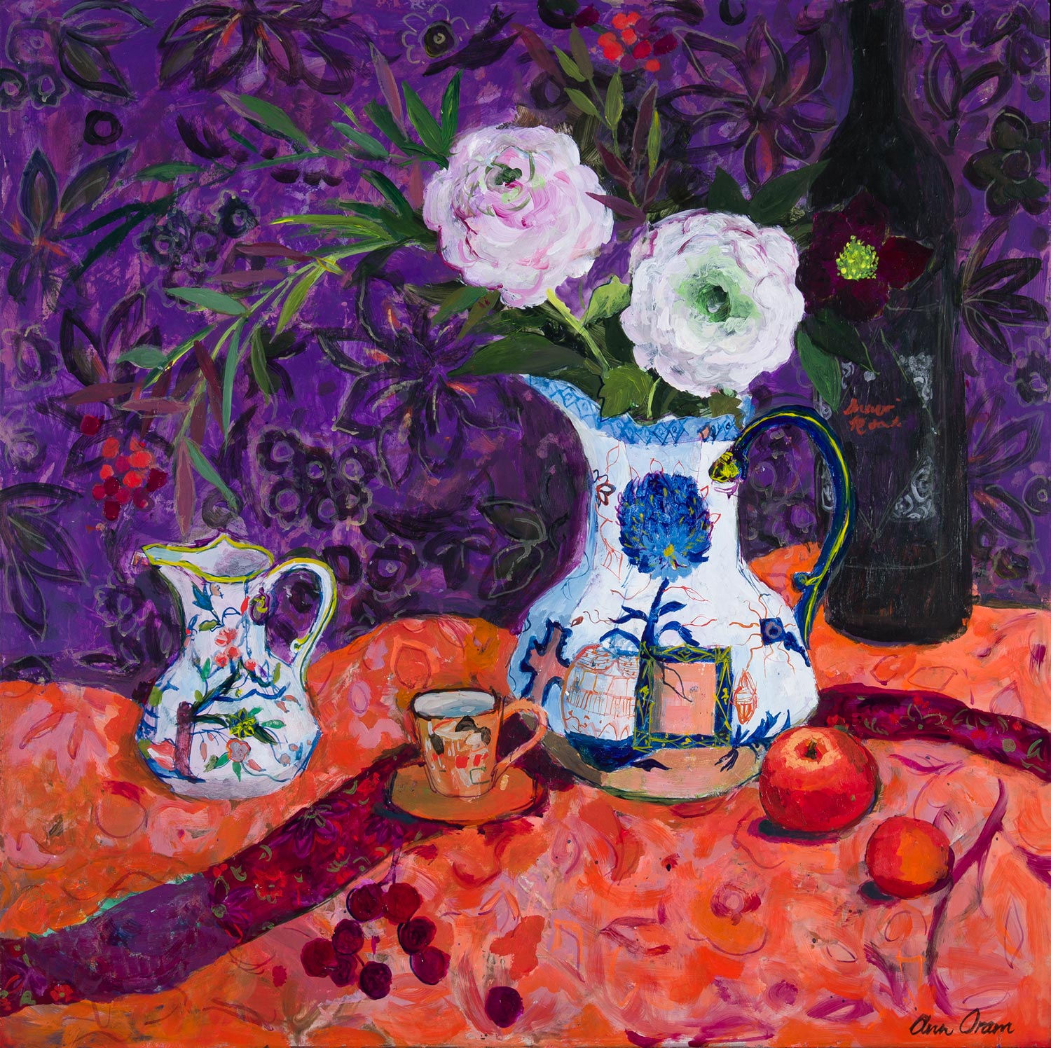 Ann Oram - two iron stone jugs with peonies