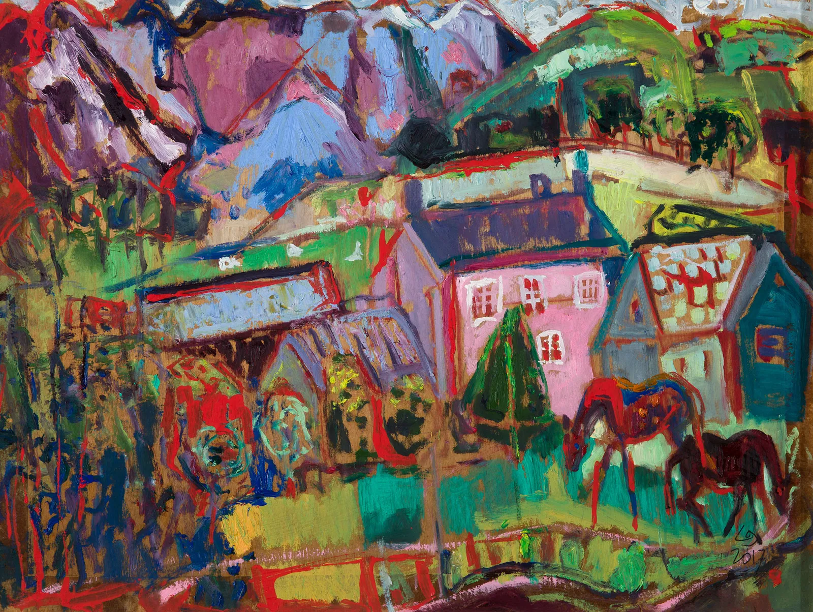 Leonie Gibbs, Pink Farmhouse with two Appaloosas, 2017