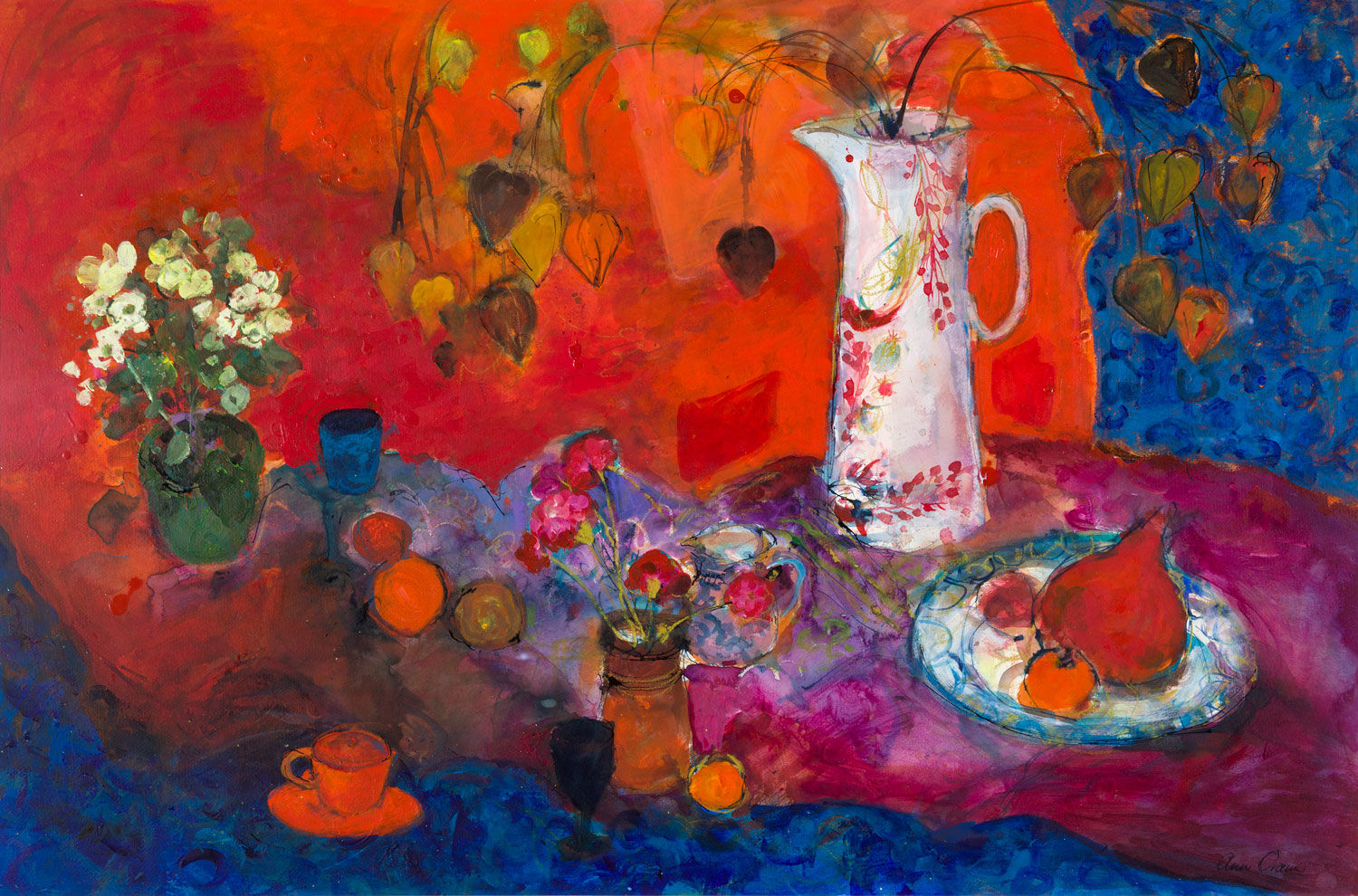 Ann Oram, Red Still-life with White Jug and Fruit