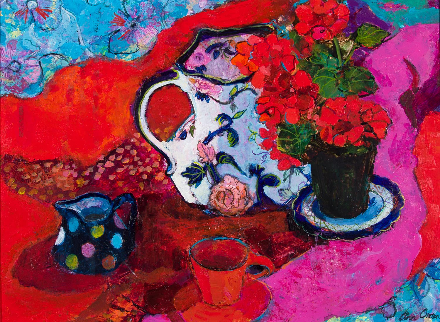 Ann Oram - geranium with reds and pinks