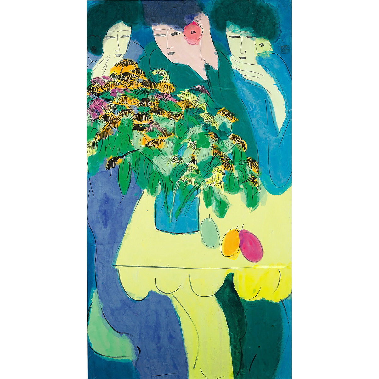 Walasse Ting 丁雄泉, Three Women with Flowers 女人與花