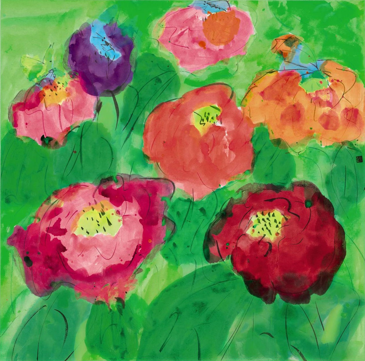 Walasse Ting 丁雄泉, Flowers With Butterflies 《蝶戀花》