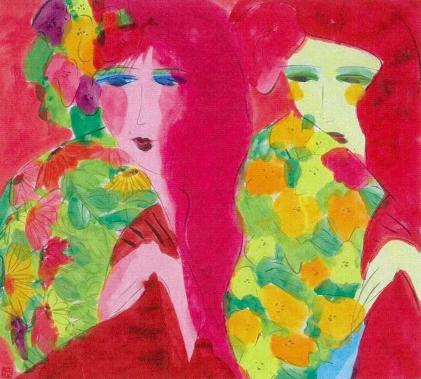 Walasse Ting 丁雄泉, Two Girls Holding Fans (兩女執扇), Late 1990