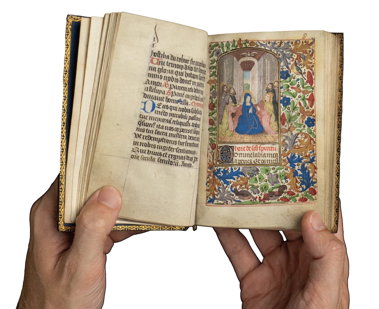 A Book of Hours (use of Rome) produced in Bruges c. 1460 and illuminated by the Mildmay Master. The image shows the illuminated manuscript open on the page of the Virgin and Child miniature painting.