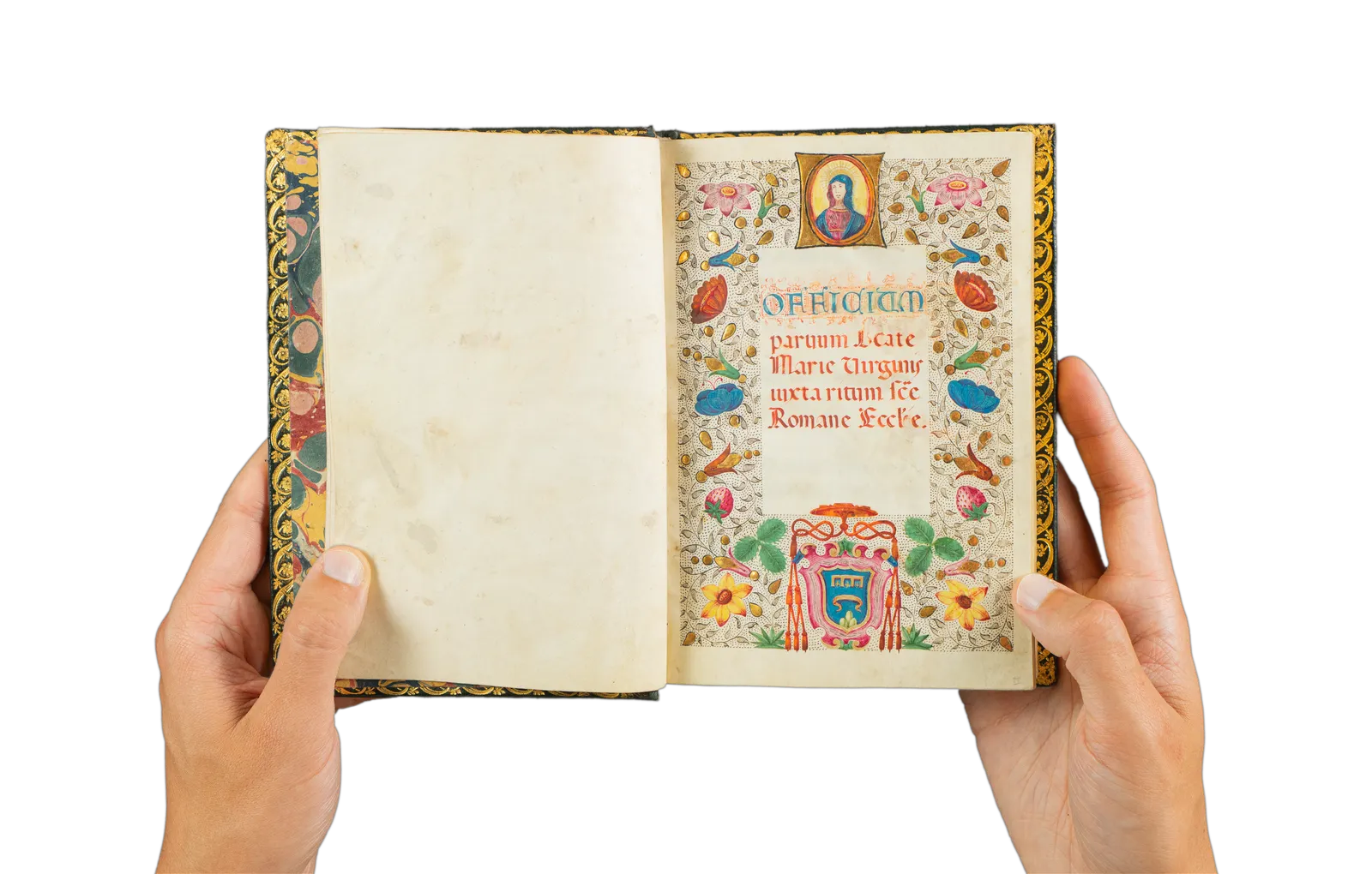 A richly illuminated medieval manuscript, Italian Book of Hours from Rome, signed and dated by the scribe, with many illuminations and decorative borders, with the page showing 19th-century coats of arm and borders