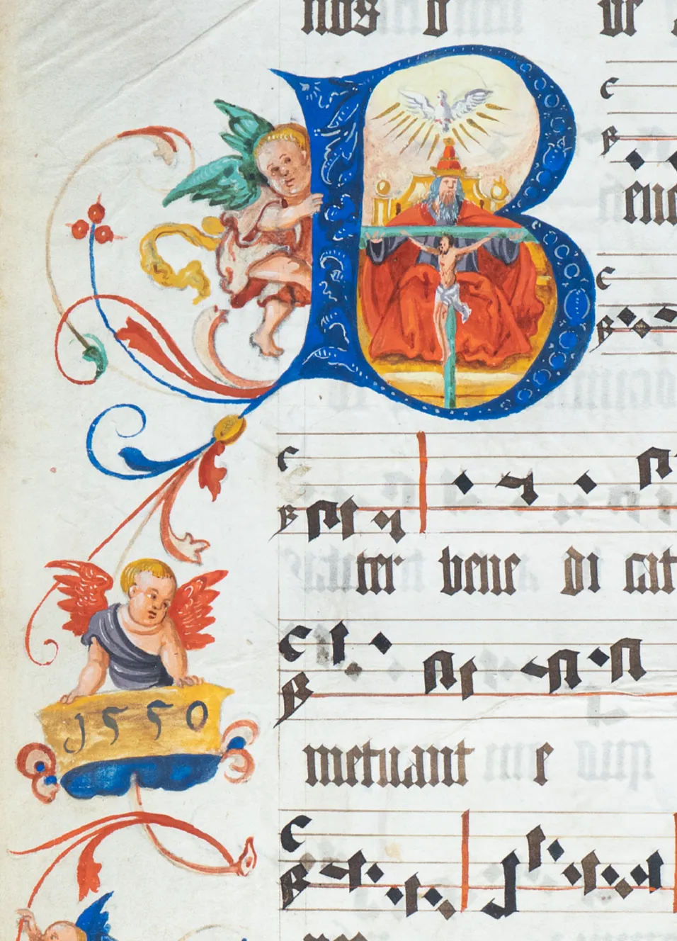 a large illuminated leaf from a renaissance choirbook manuscript, with a large initial with the Trinity, as well as a lot of ornaments