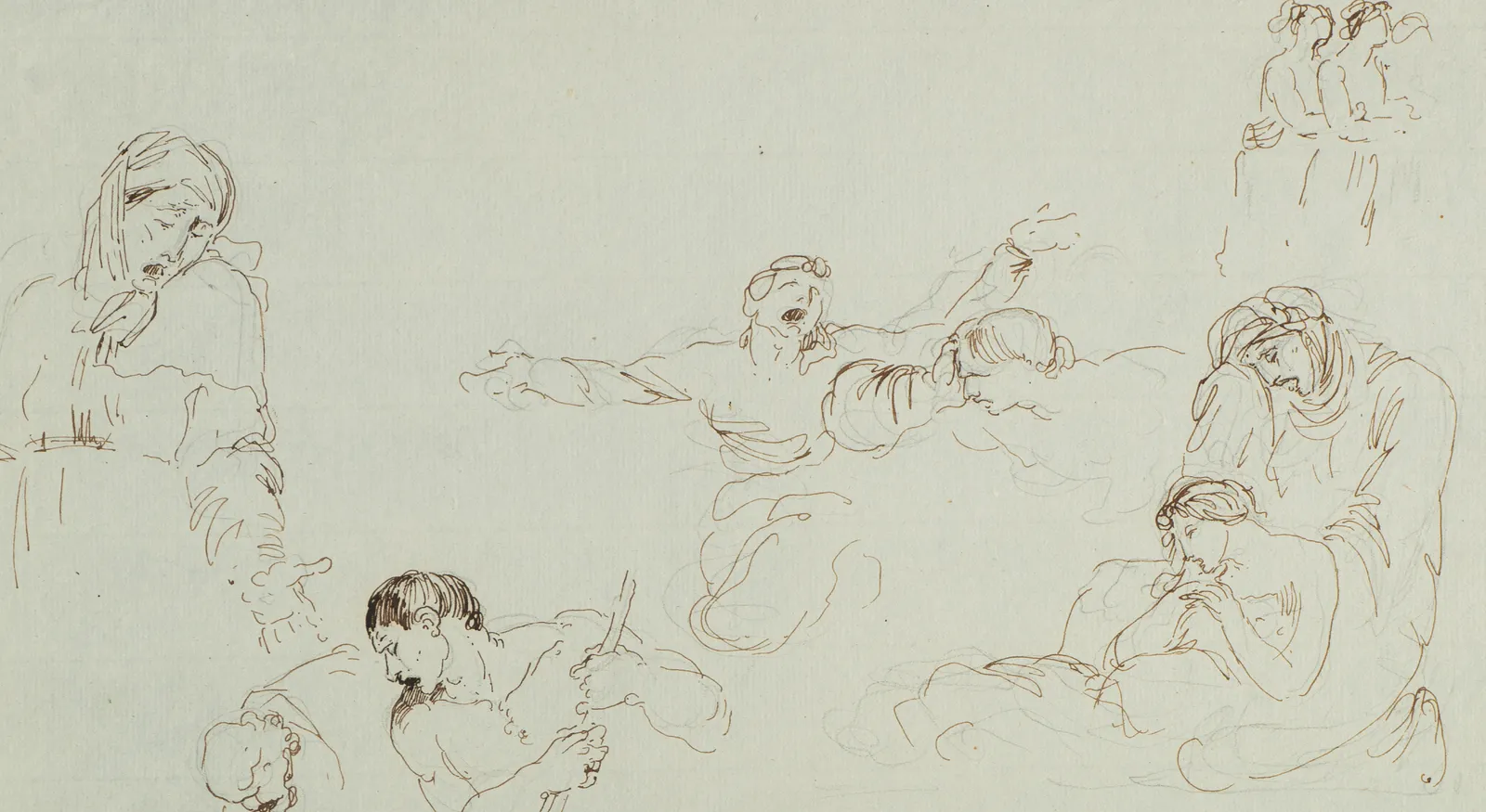 Ink sketch of multiple expressive figures in dynamic poses by Jean-Pierre Saint-Ours.