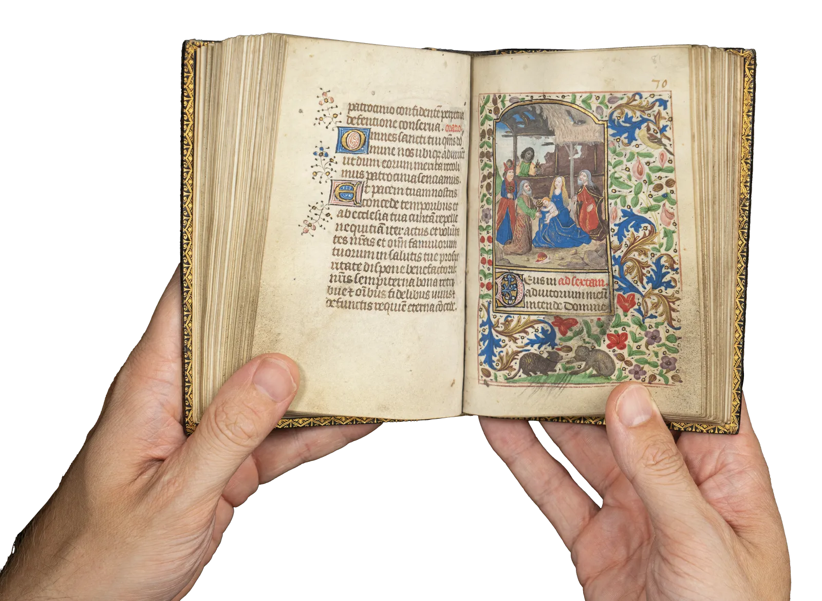 A Book of Hours (use of Rome) produced in Bruges c. 1460 and illuminated by the Mildmay Master. The image shows the illuminated manuscript open on the page of the Virgin and Child miniature painting.