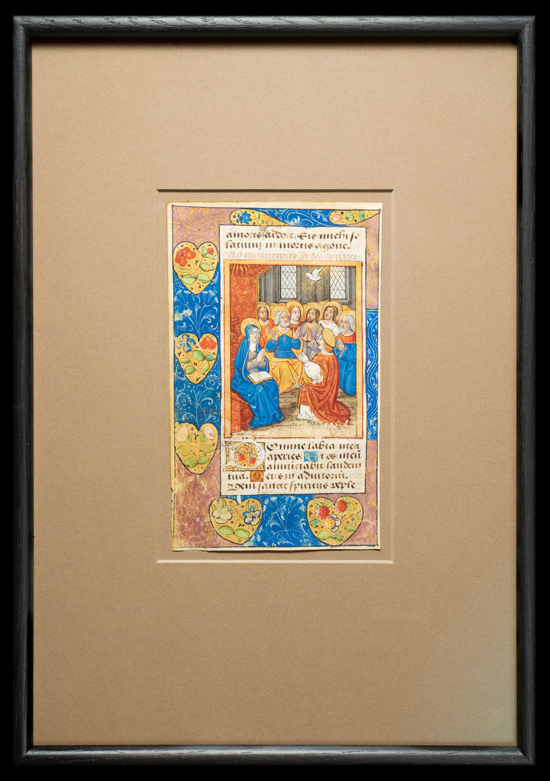 a renaissance miniature painting depicting the Pentecost, from a Book of Hours, in a frame