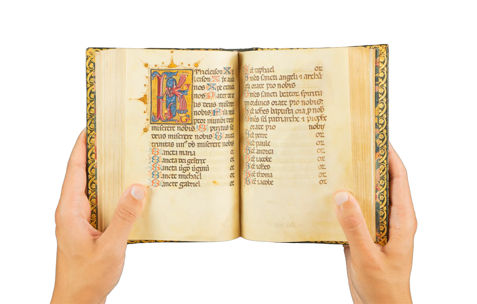 A richly illuminated medieval manuscript, Italian Book of Hours from Rome, signed and dated by the scribe, with many illuminations and decorative borders, with the page showing a delicate initial K