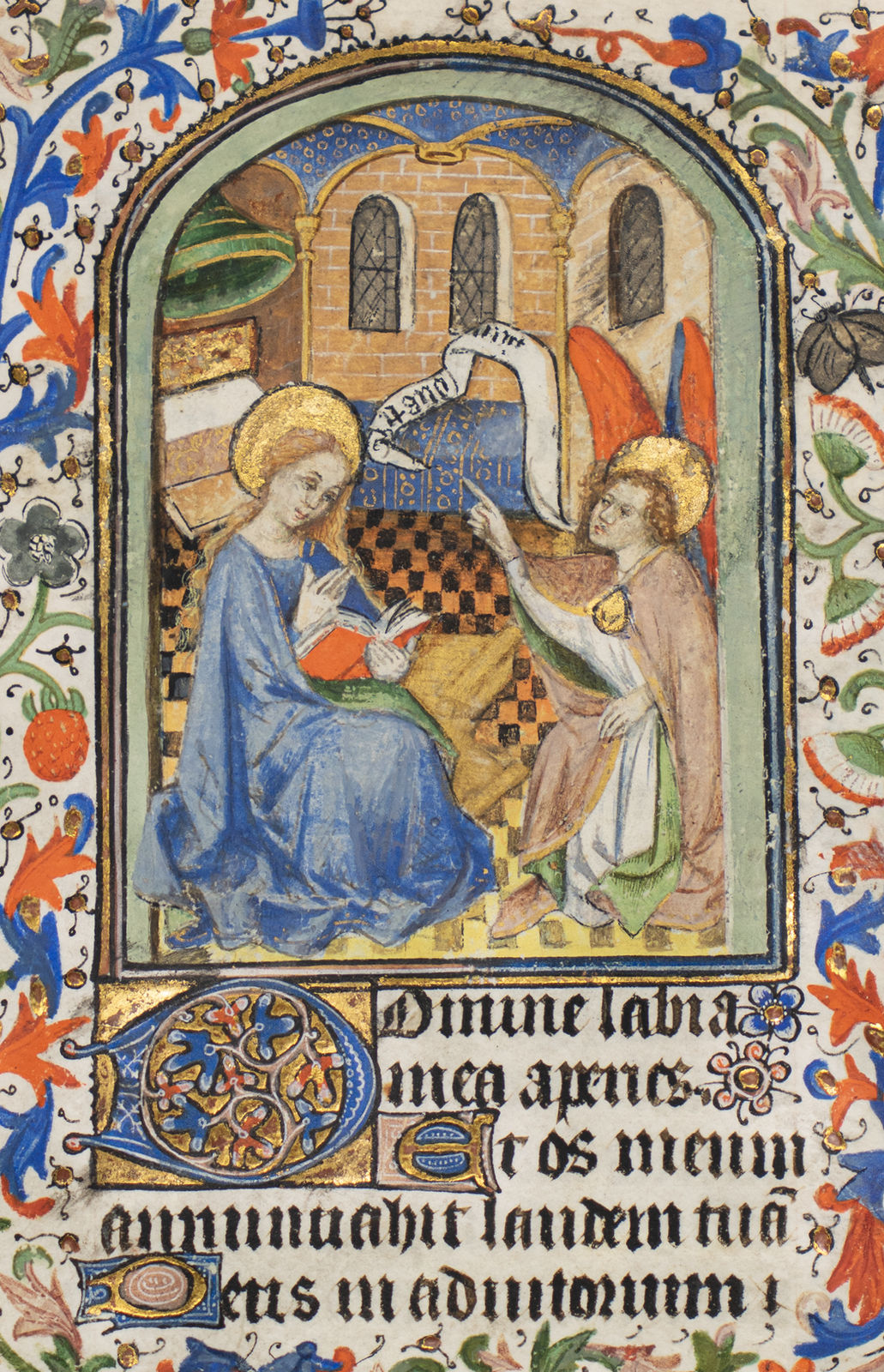 A detail of an illuminated miniature from a medieval Book of Hours realized in Amiens, France, c. 1430-1440 by the Master of Raoul d'Ailly (and workshop) and depicting the Annunciation.