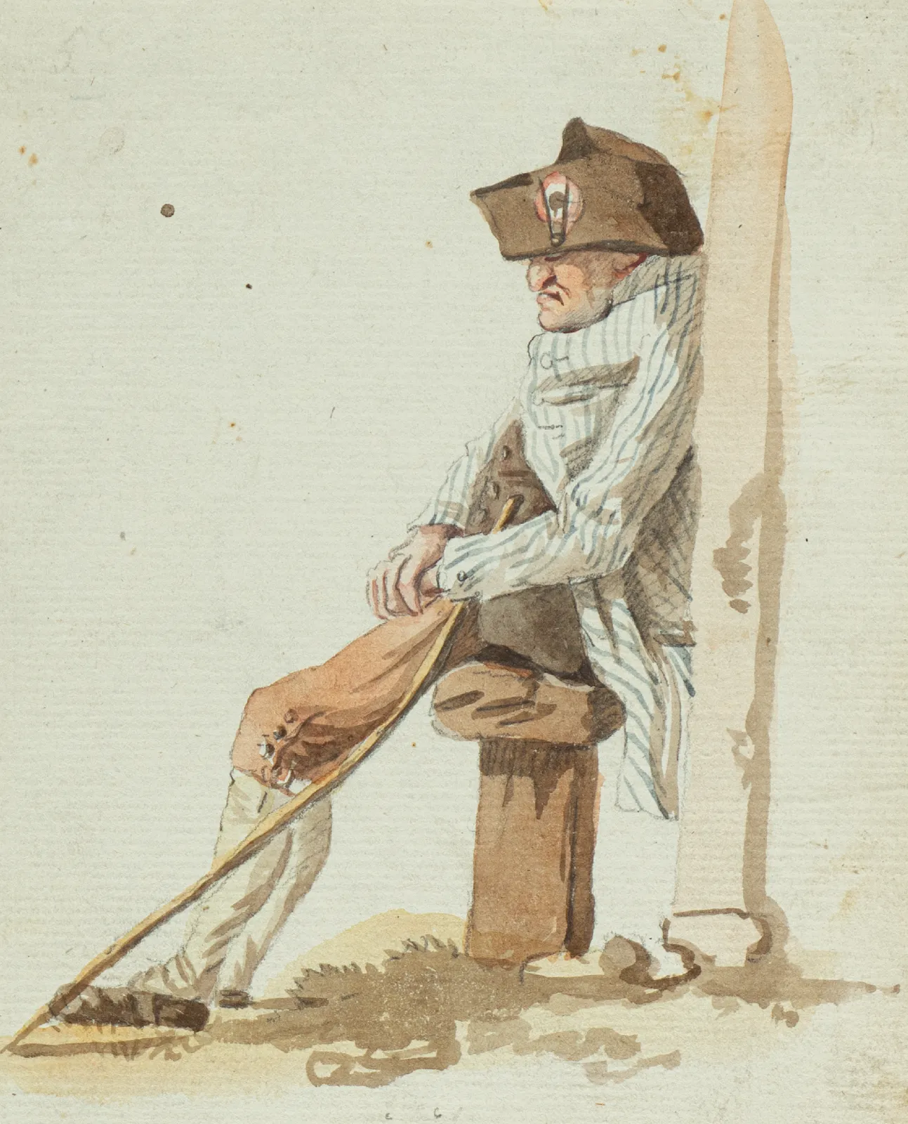 Watercolor of a man sitting with a staff, wearing a hat, by Louis-Ami Arlaud-Jurine.