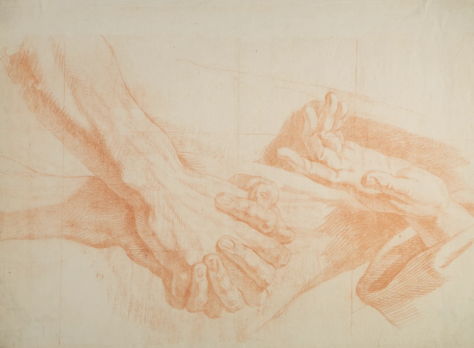 Detailed drawing of hands in a grasping gesture, by Carle van Loo.