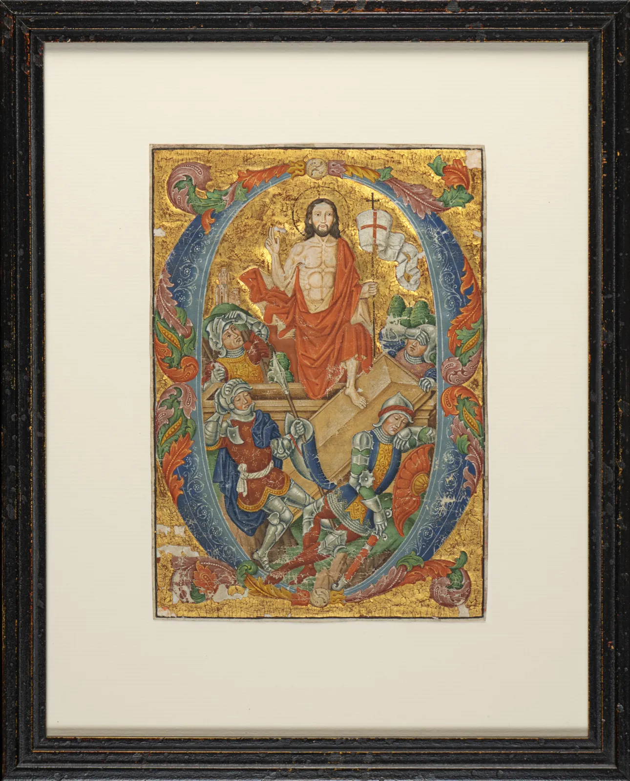 Framed Gothic-style illumination of the Resurrection of Christ by the Spanish Forger, depicting Jesus rising from the tomb above sleeping soldiers within an ornate floral letter.