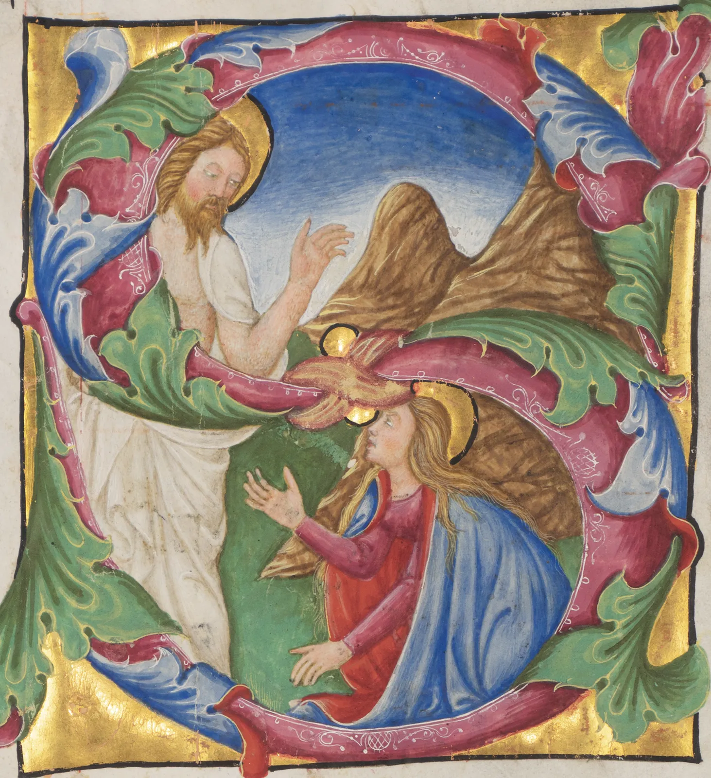 Large medieval illumination from an Italian antiphonary, Venice, 15th-century. The artwork depicts the Noli me Tangere: the Christ appears to Mary Magdalena, who tries to touch him. Detail.