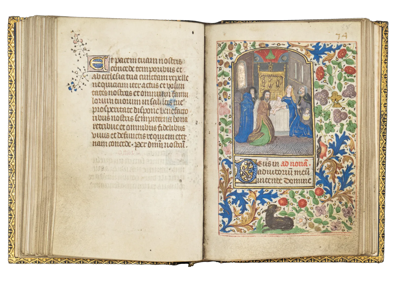 A Book of Hours (use of Rome) produced in Bruges c. 1460 and illuminated by the Mildmay Master. The image shows the illuminated manuscript open on the page of the Presentation to the Temple miniature painting.