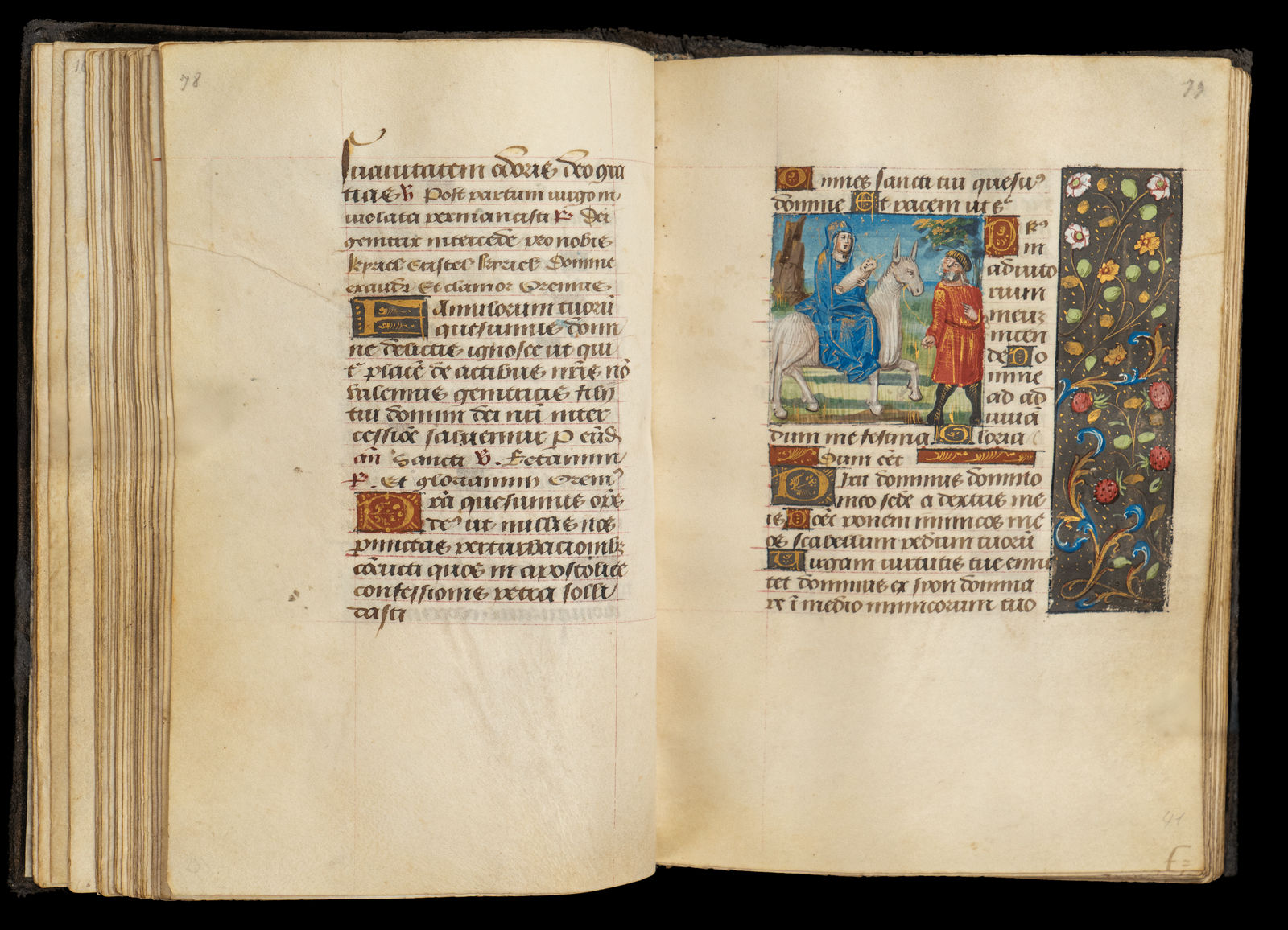 Illuminated manuscript (Book of Hours of the Saumaize Family, of Dijon) open on the page featuring a miniature depicting the Flight into Egypt as well as one illuminated border with floral decoration, painted c. 1490-1500 by the Master of the Saumaize Hours