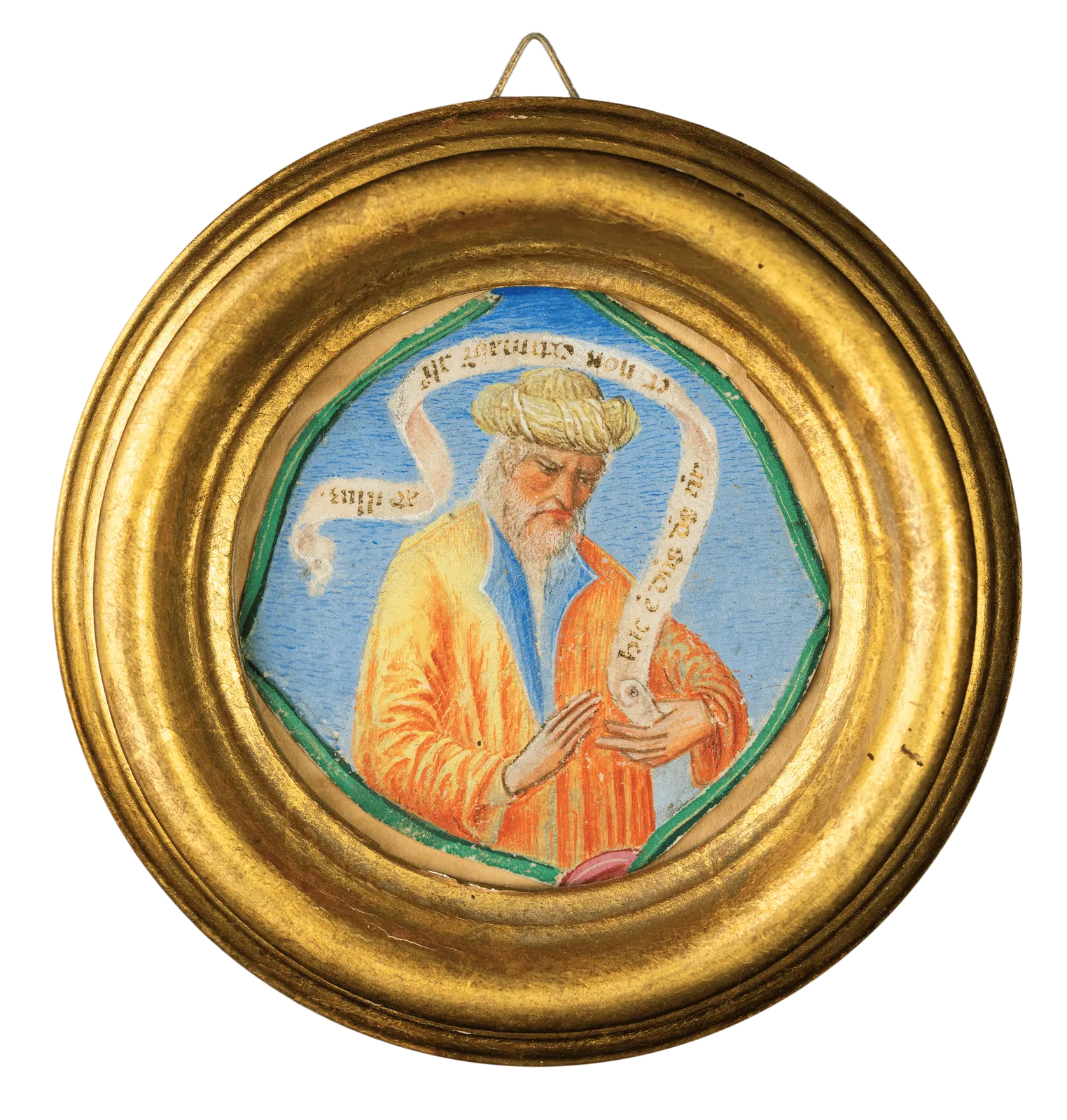 An Italian Renaissance miniature from an illuminated manuscript, depicting a Prophet with a turban and scroll by a Veronese Illuminator, late 15th century, circular gold frame.
