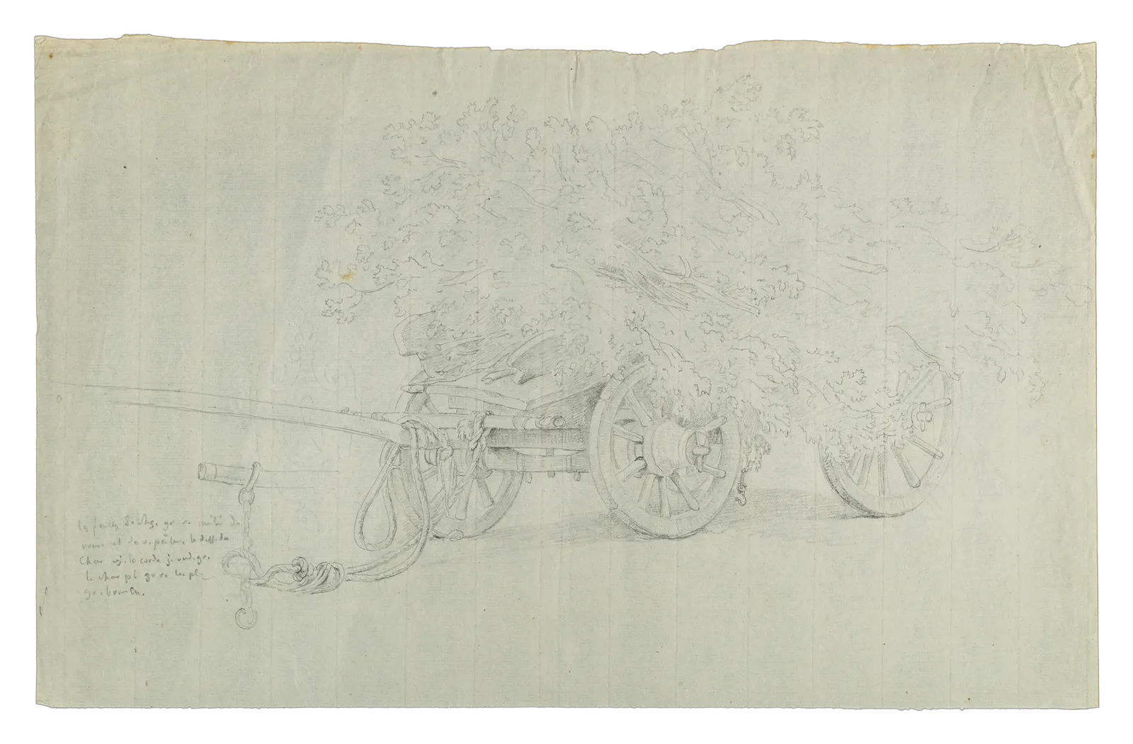 Pencil sketch of a cart filled with foliage by Wolfgang-Adam Töpffer, highlighting detailed wheels and branches, by Wolfgang-Adam Töpffer.