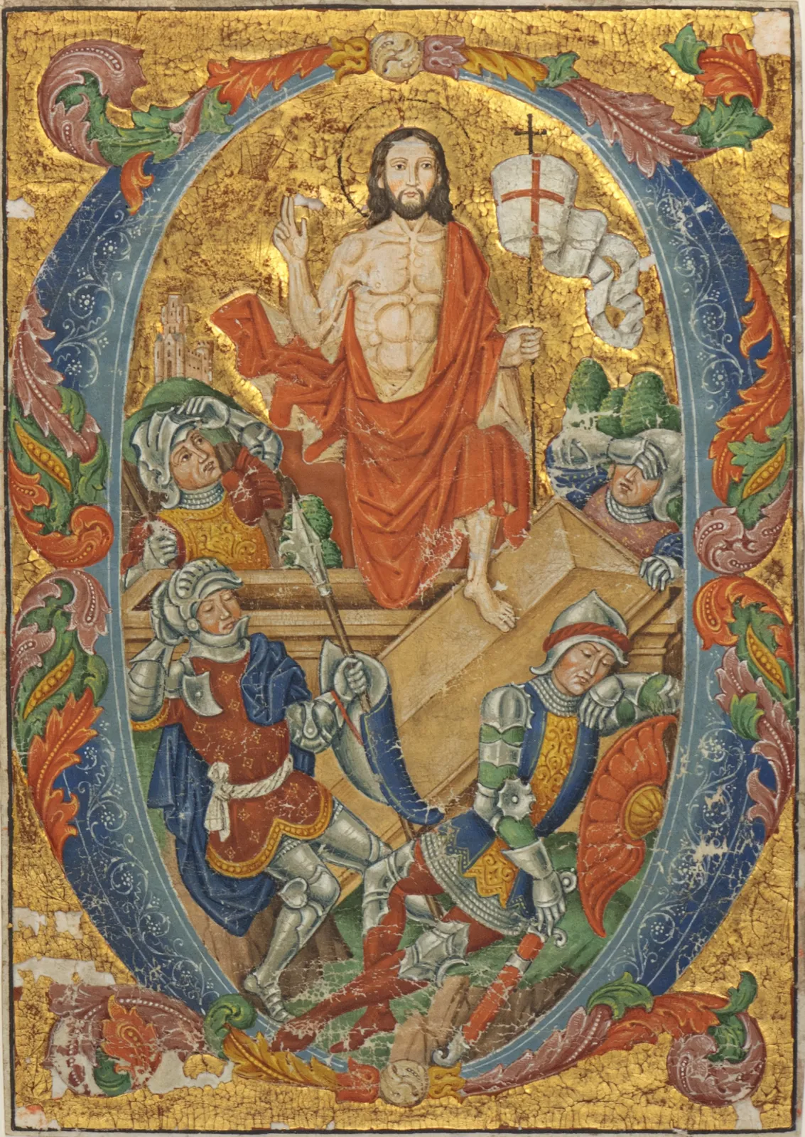 Gothic-style illumination of the Resurrection of Christ by the Spanish Forger, depicting Jesus rising from the tomb above sleeping soldiers within an ornate floral letter.