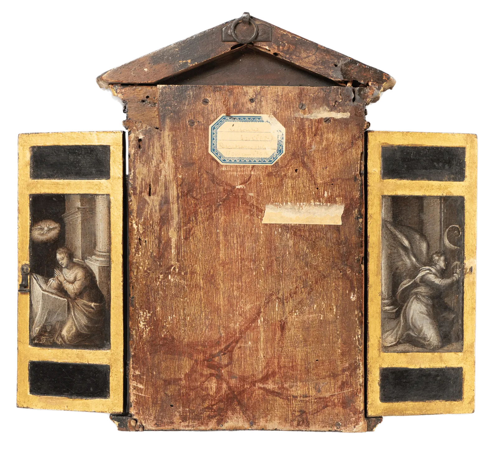 A portable triptych with the Crucifixion and Saint Francis and Saint Joseph, Spanish school, c. 1600