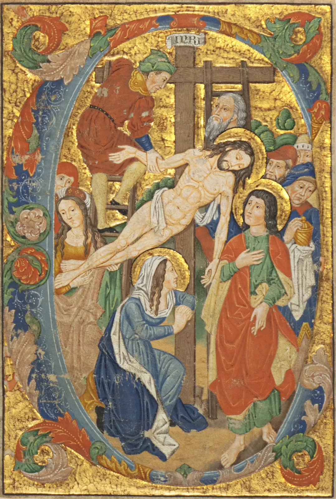 The Deposition from the Cross in the style of a medieval miniature by the Spanish Forger, featuring gold-leaf gilding and vivid pigments on parchment, early 20th century.