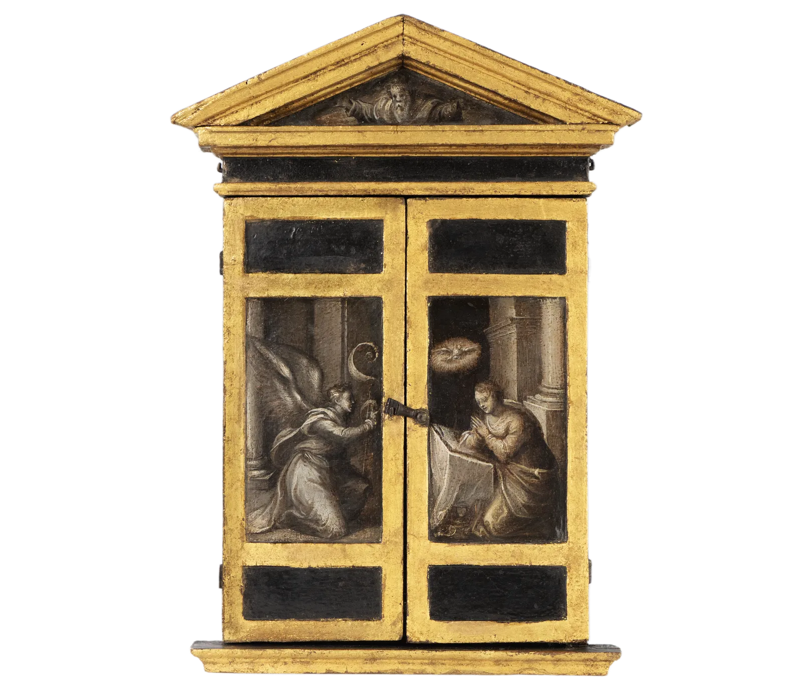 A portable triptych with the Crucifixion and Saint Francis and Saint Joseph, Spanish school, c. 1600