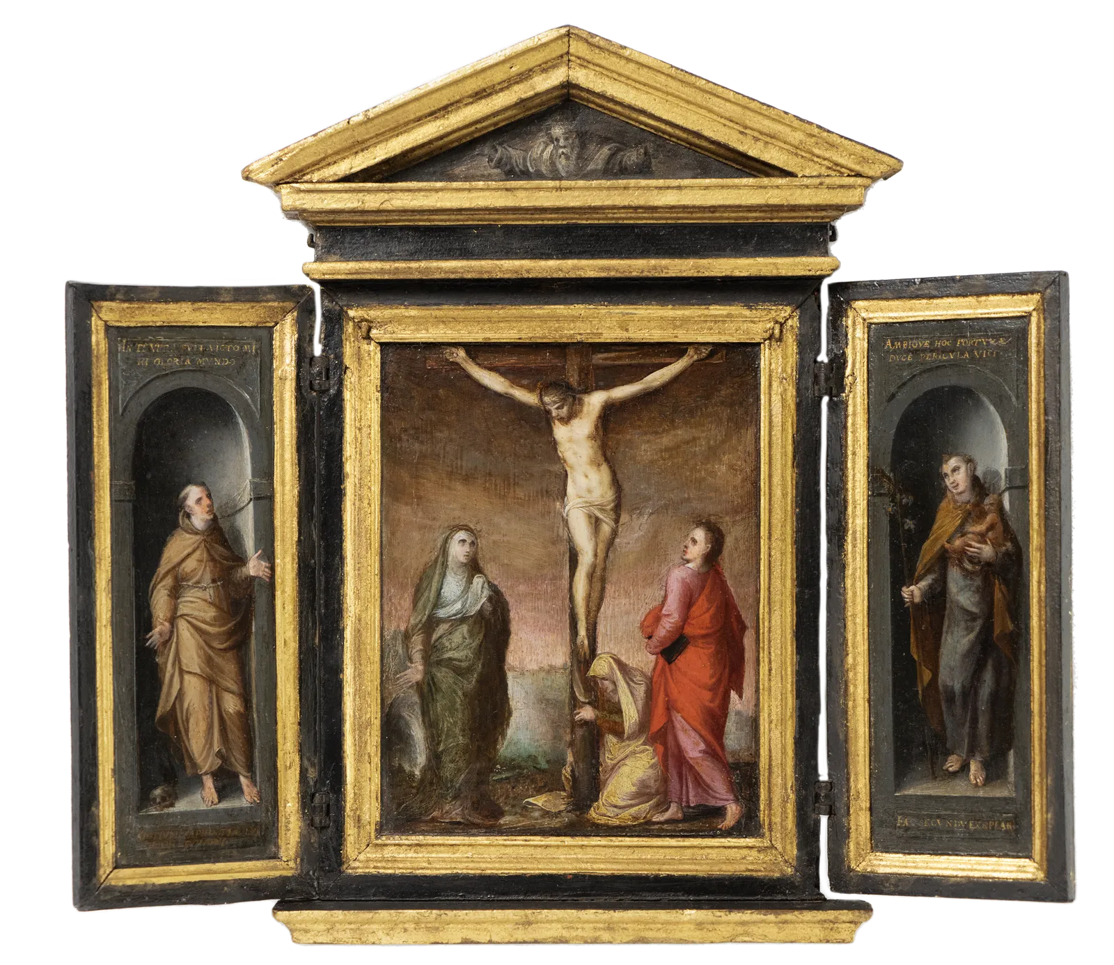 A portable triptych with the Crucifixion and Saint Francis and Saint Joseph, Spanish school, c. 1600