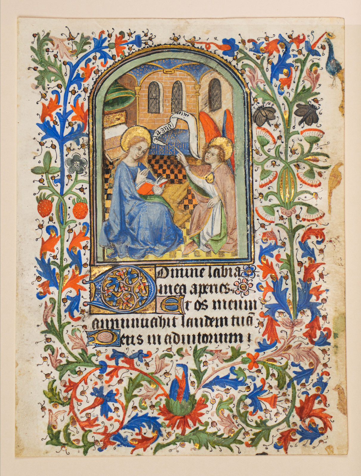 One illuminated miniature from a medieval Book of Hours realized in Amiens, France, c. 1430-1440 by the Master of Raoul d'Ailly (and workshop) and depicting the Annunciation.