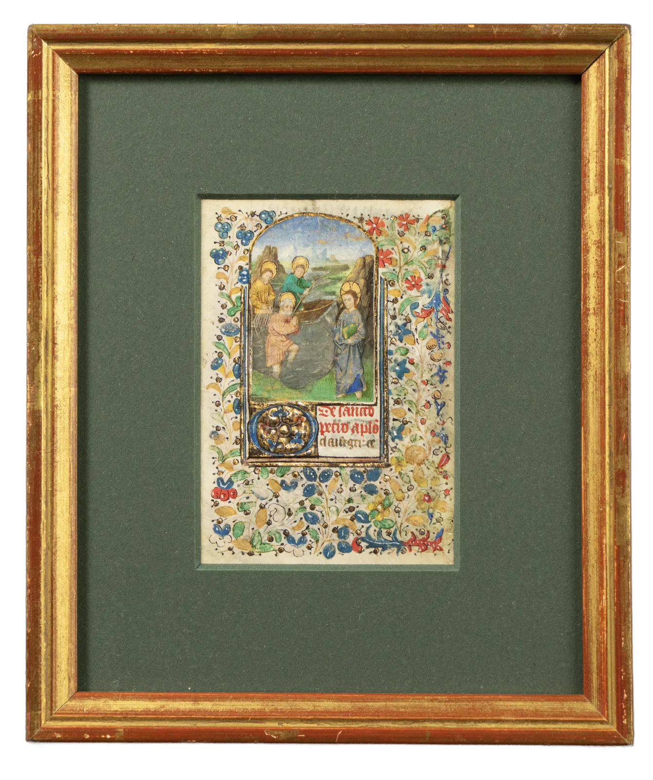 Medieval illuminated miniature from a Book of Hours depicting The Miraculous Draft of Fishes. Painted by Antoine de Lonhy in Turin, Piedmont, c. 1470-1475. Framed artwork.