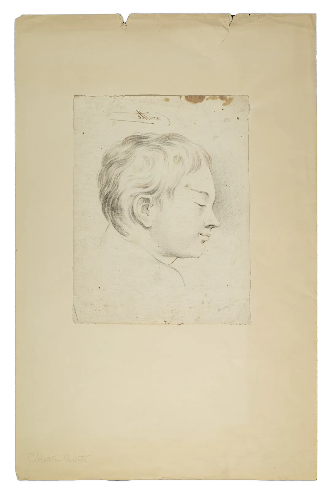 Jacques Saint-Ours. Profile drawing of a young child's face in soft pencil, capturing serene expression.