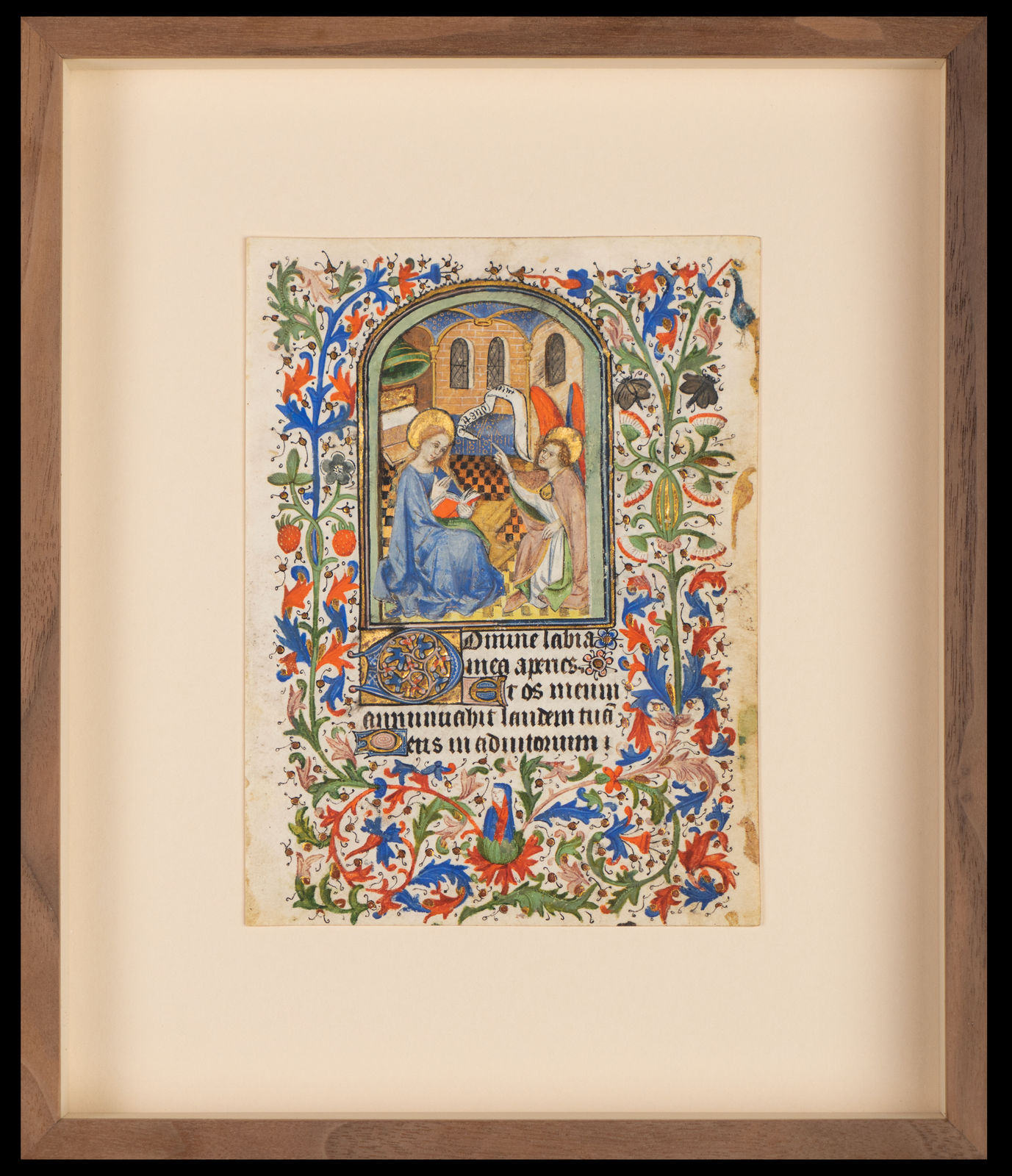 One framed illuminated miniature from a medieval Book of Hours realized in Amiens, France, c. 1430-1440 by the Master of Raoul d'Ailly (and workshop) and depicting the Annunciation.