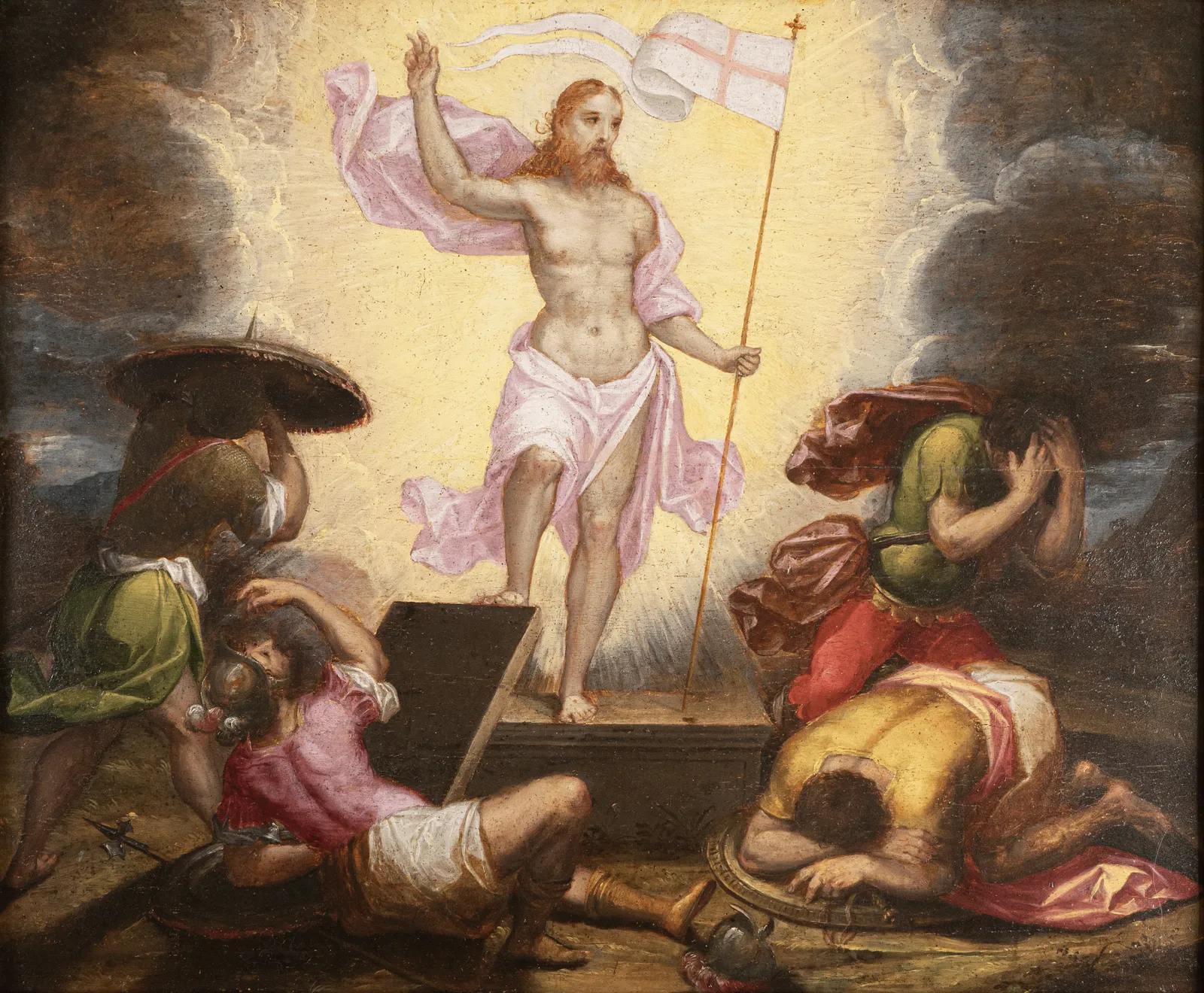 One large panel painting by an italian mannierism painter, probably Gaspare Venturini, depicting the Resurrection of the Christ