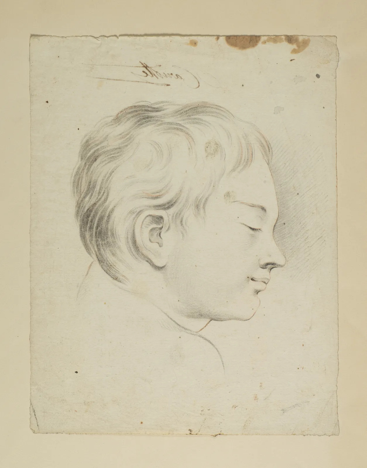 Jacques Saint-Ours. Profile drawing of a young child's face in soft pencil, capturing serene expression.