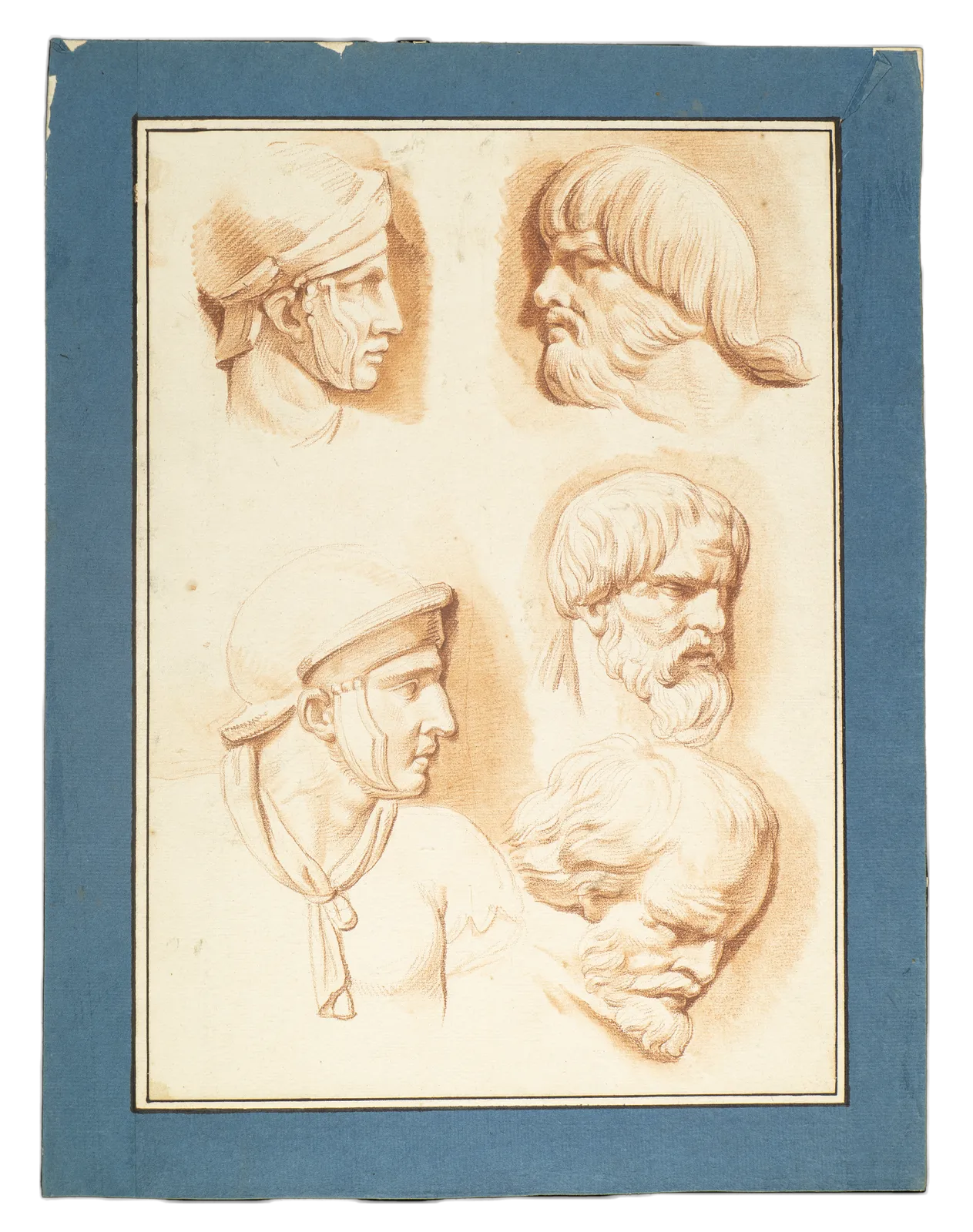 Five profile sketches of men with various headwear and facial hair, showcasing classical features by female artist Catherine Saint-Ours, daughter of Jean-Pierre Saint-Ours.