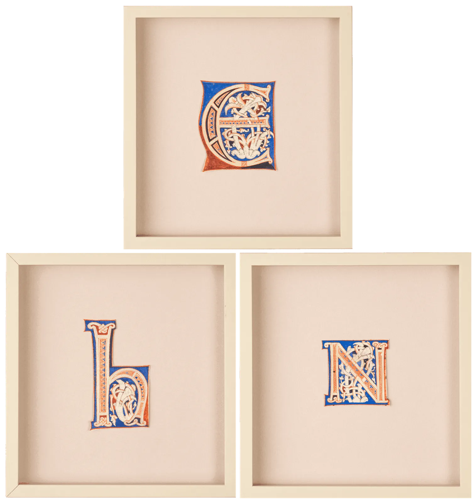Three decorative medieval illuminated manuscript letters “E” 